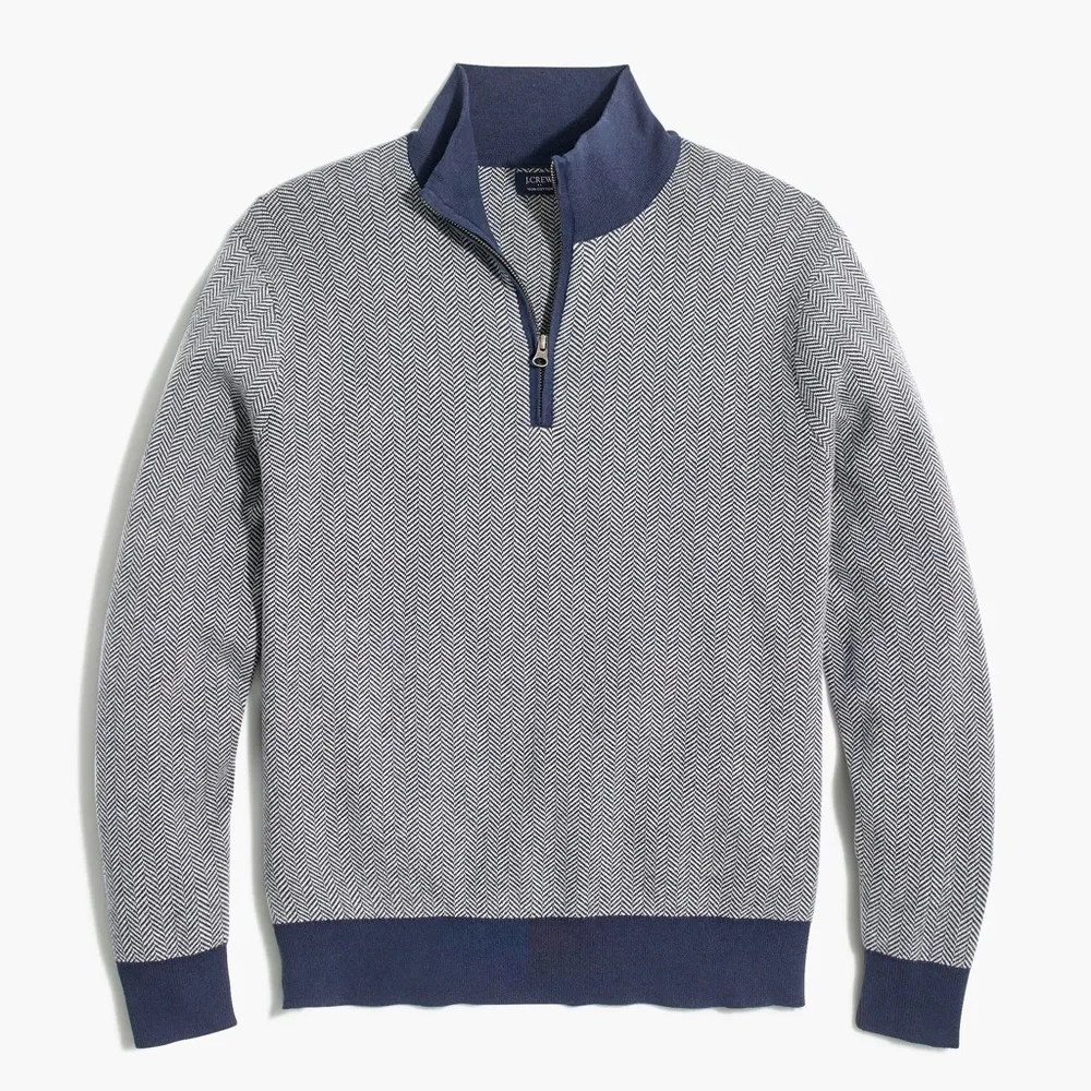 J. Crew Cotton Blue and Grey Half-Zip Sweater in Herringbone